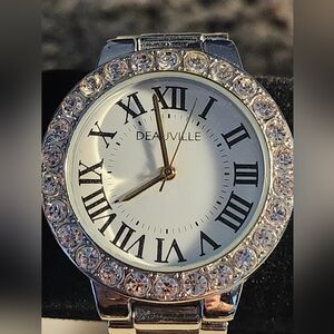 Deauville Vintage Crystal Silver Toned Wristwatch Women's